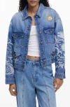Desigual Embroidered Denim Trucker Jacket In Blue