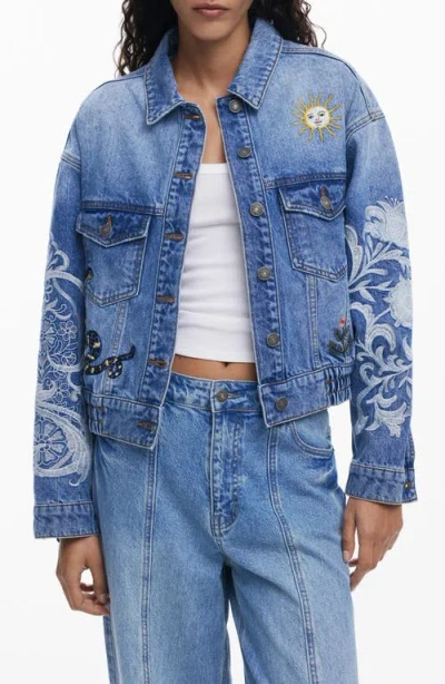 Desigual Embroidered Denim Trucker Jacket In Blue
