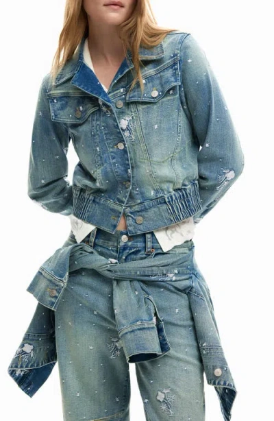 Desigual Embroidered Denim Trucker Jacket In Blue