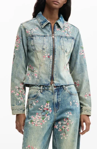 Desigual Embroidered Denim Trucker Jacket In Blue