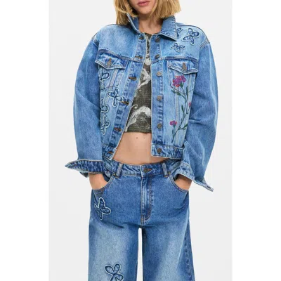 Desigual Embroidered Detail Denim Trucker Jacket In Blue