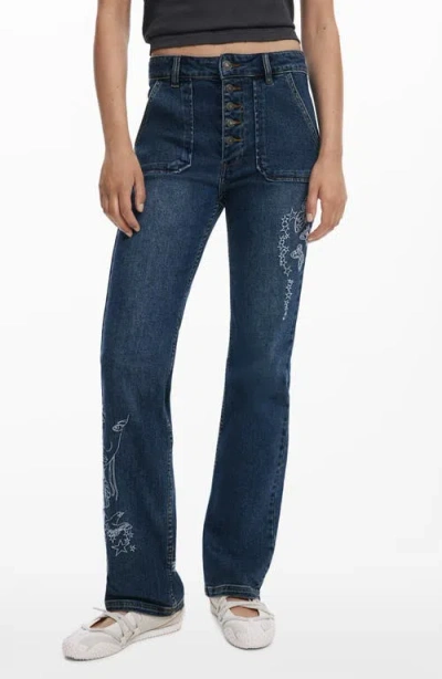 DESIGUAL DESIGUAL EMBROIDERED DETAIL EXPOSED BUTTON-FLY JEANS