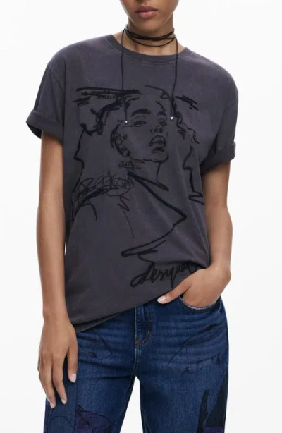 Desigual Embroidered Face Cotton T-shirt In Blue