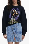 Desigual Embroidered Face Design Cotton Sweatshirt In Black
