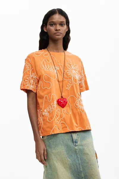 Desigual Embroidered Flowers T-shirt In Orange