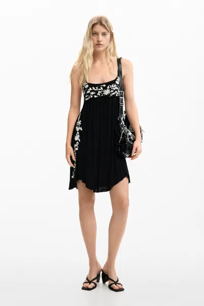 Desigual Embroidered Fluid Strap Dress In Black