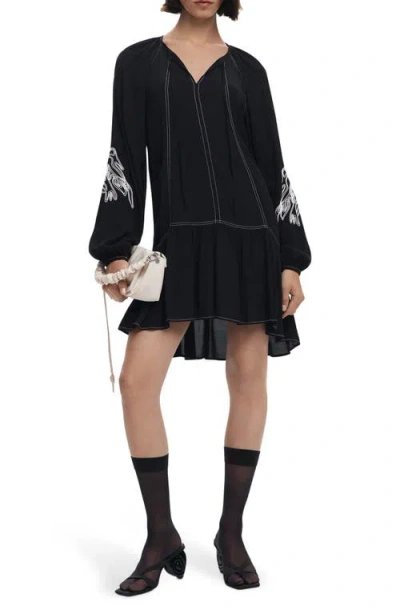 Desigual Embroidered Long Sleeve Shift Minidress In Black