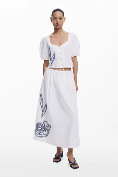 Desigual Embroidered Midi Skirt In White
