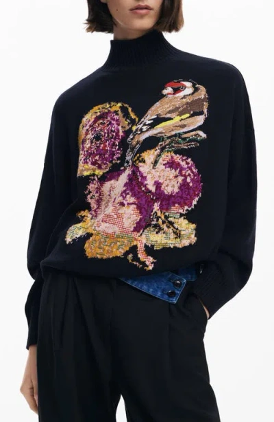 Desigual Embroidered Mock Neck Sweater In Black