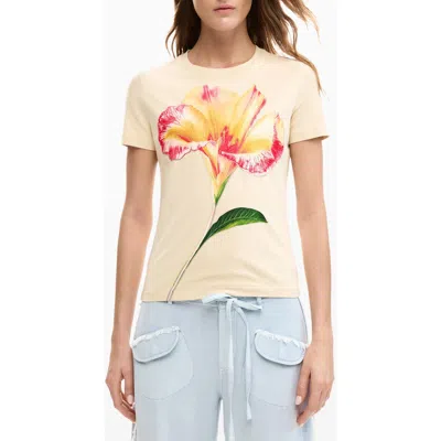 Desigual Embroidered Pansy Cotton Graphic T-shirt In White