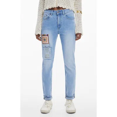 Desigual Embroidered Patch Skinny Jeans In Light Blue