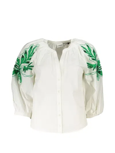 Desigual Embroidered Puff-sleeve Shirt In White
