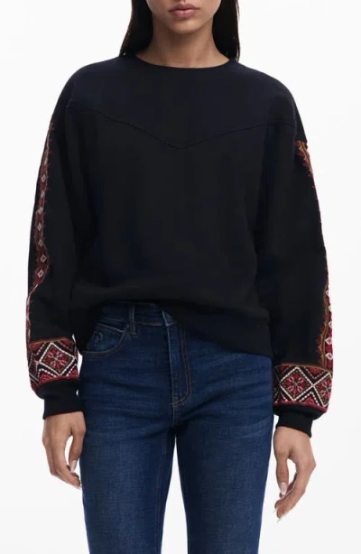 Desigual Embroidered Sleeve Sweatshirt In Black