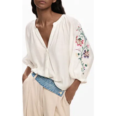 Desigual Floral-embroidered Puff-sleeve Blouse In White