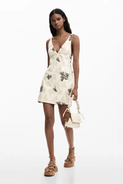 Desigual Embroidered Strap Dress With Branches In White