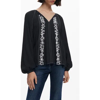Desigual Embroidered Tie Neck Top In Black