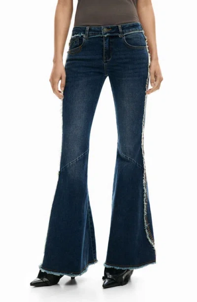 Desigual Embroidery Trim Flare Jeans In Blue