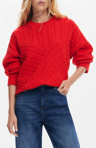 Desigual Exeter Cable Crewneck Sweater In Red