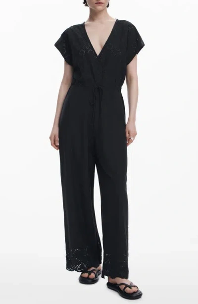 Desigual Eyelet Bodice Cotton Jumpsuit In Black