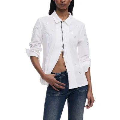 Desigual Eyelet Cotton Blend Button-up Shirt In White