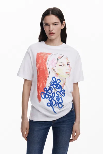 Desigual Face Floral T-shirt In White