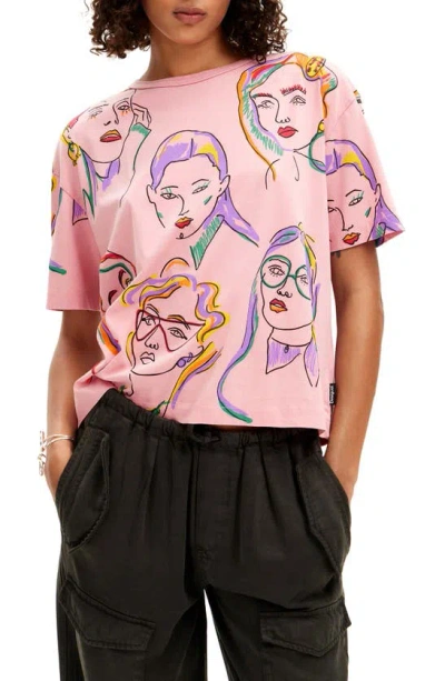 Desigual Faces Graphic T-shirt In Pink Multi