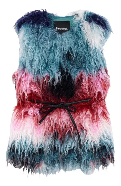 Desigual Faux Fur Jacket In Blue