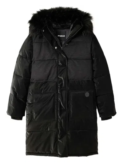 Desigual Faux-fur-trimmed Quilted Coat In Black