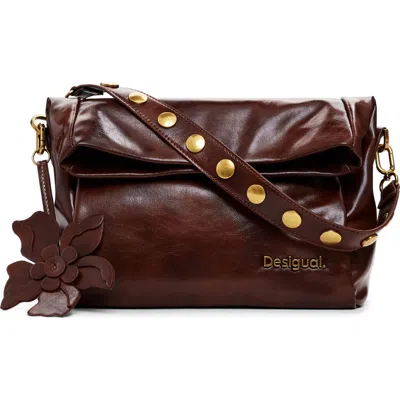 Desigual Faux Leather Flower Accent Shoulder Bag In Brown