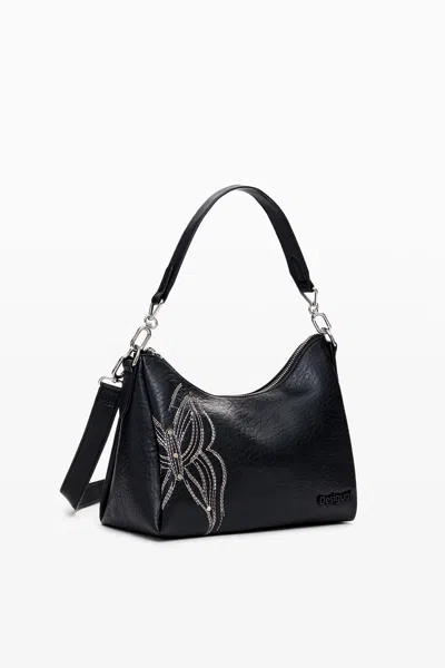 Desigual Faux Leather Handbag With Zipper Closure And Butterfly Engraving. In Black