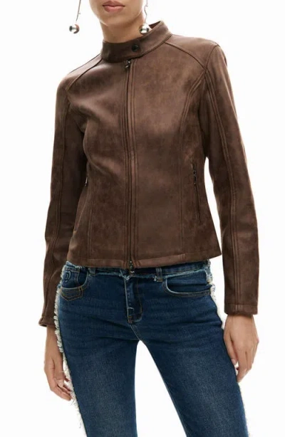 Desigual Faux Leather Jacket In Brown