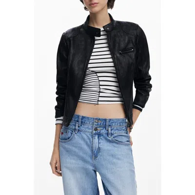 Desigual Faux Leather Moto Jacket In Black