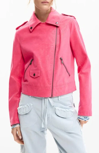 Desigual Faux Leather Moto Jacket In Pink
