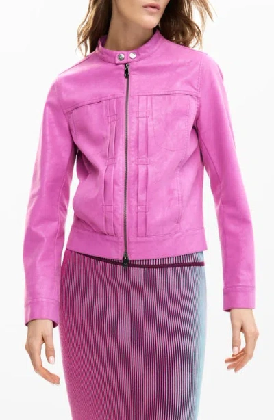 Desigual Faux Leather Moto Jacket In Pink