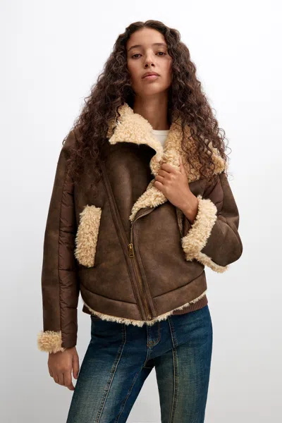 Desigual Faux Shearling Leather-effect Jacket In Brown