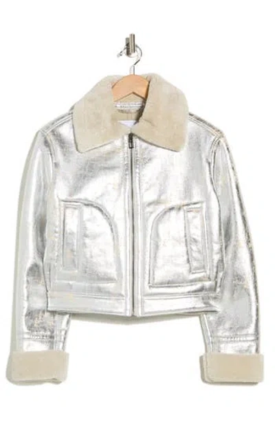 Desigual Faux Shearling Trim Faux Leather Bomber Jacket In Silver