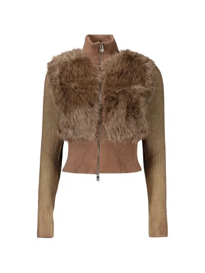 Desigual Faux-fur Trim Ribbed Sweater In Neutral
