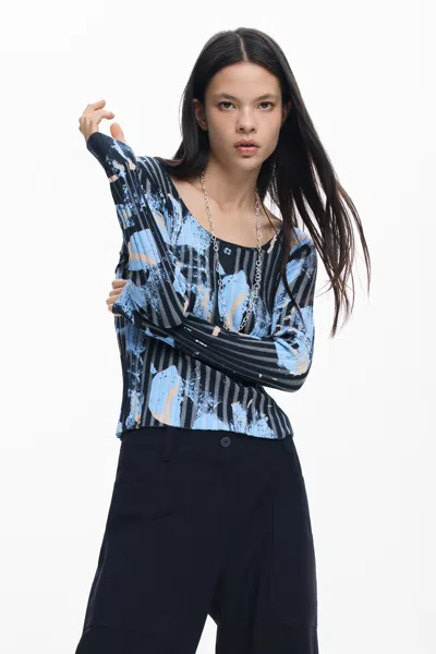Desigual Fine Floral-texture Sweater In Blue
