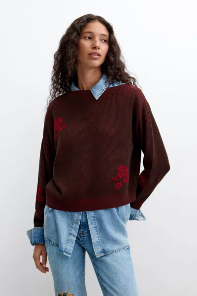 Desigual Fine Knit Sweater With Flowers In Burgundy