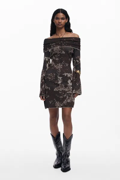 Desigual Fitted Bardot Dress In Brown