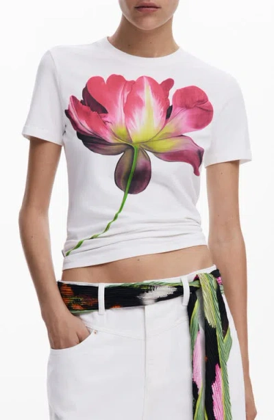 Desigual Fitted Floral Crop T-shirt In White