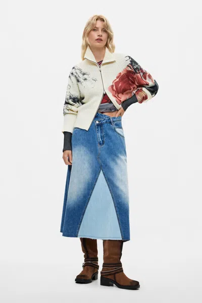 Desigual Flared Denim Skirt In Blue