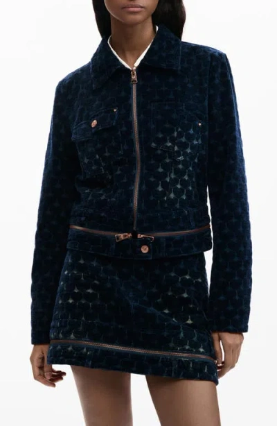 Desigual Flocked Denim Trucker Jacket In Blue