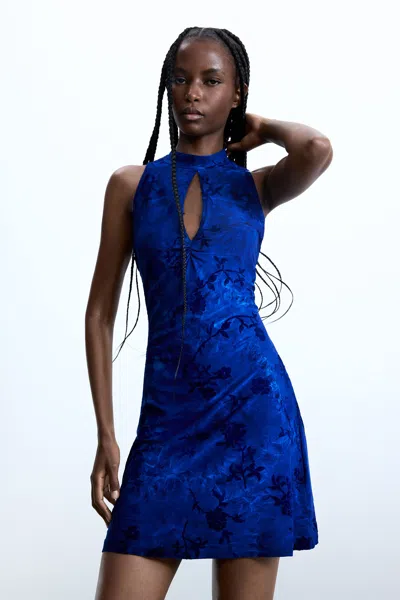 Desigual Flocked Dress In Blue
