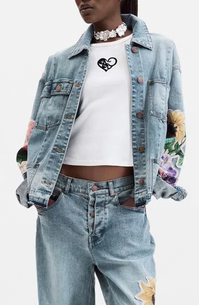 Desigual Floral Appliqué Denim Trucker Jacket In Blue