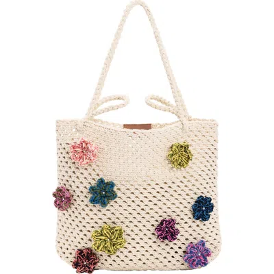 Desigual Floral Appliqué Open Knit Cotton Shoulder Bag In White