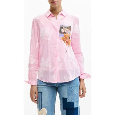 Desigual Floral Appliqué Stripe Graphic Button-up Shirt In Pink