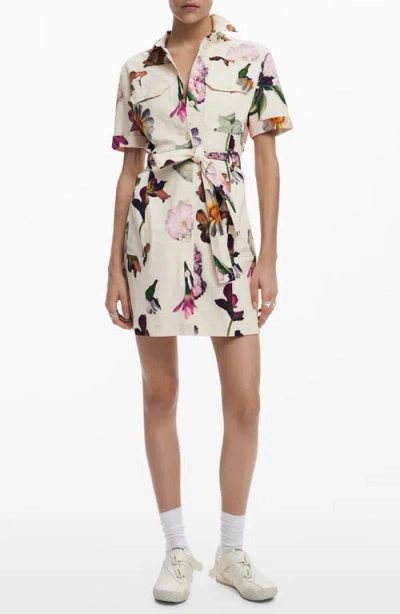Desigual Floral Belted Mini Shirtdress In Light Beige