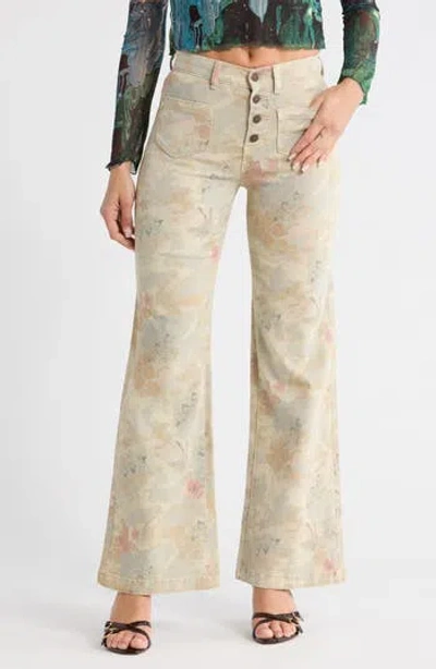 Desigual Floral Button Fly Wide Leg Pants In Gray