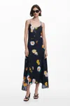 Desigual Floral Chiffon Strap Dress In Black